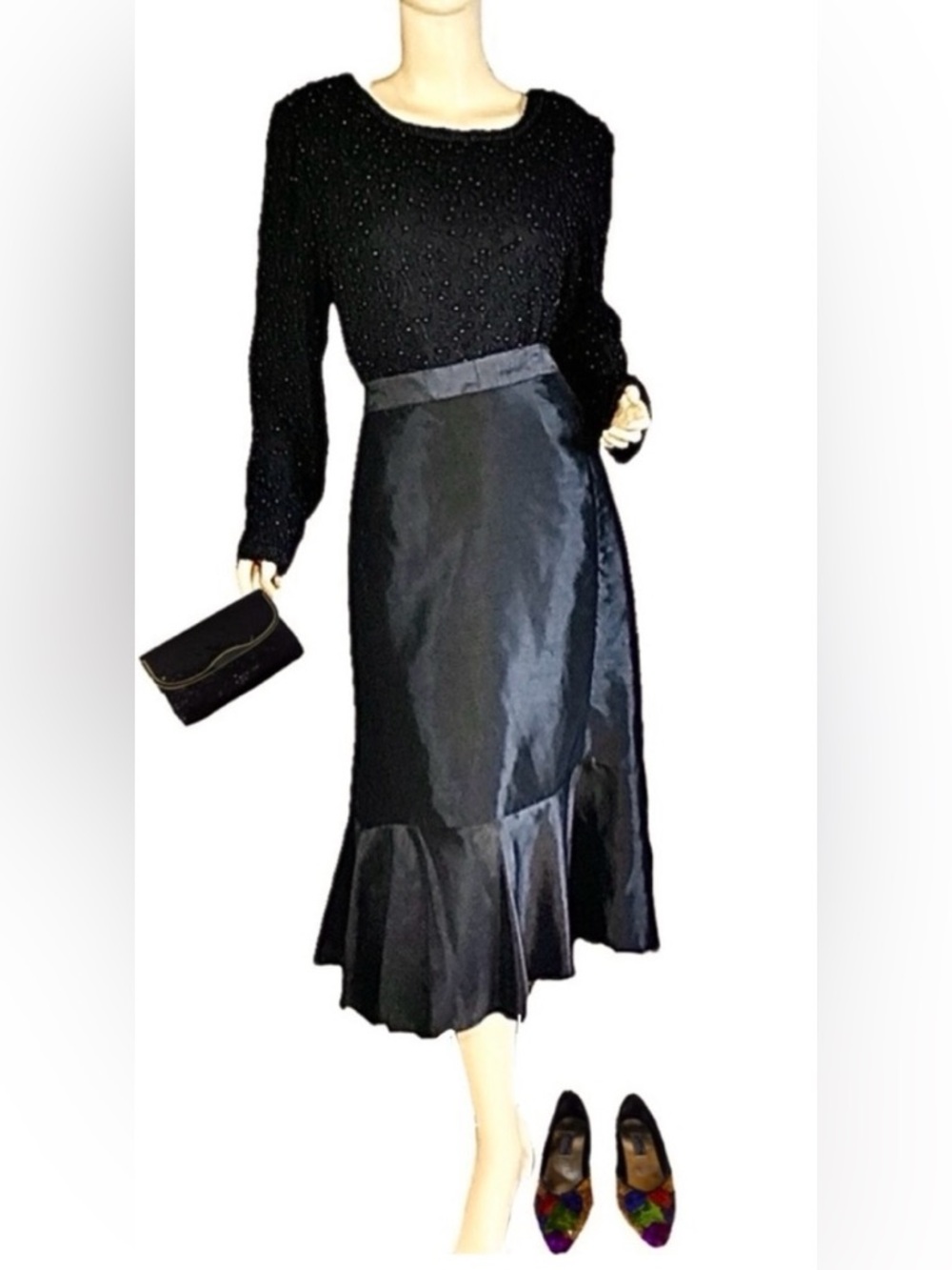 PAPELL BOUTIQUE BLACK SILK BEADED EVENING TUNIC (XL)